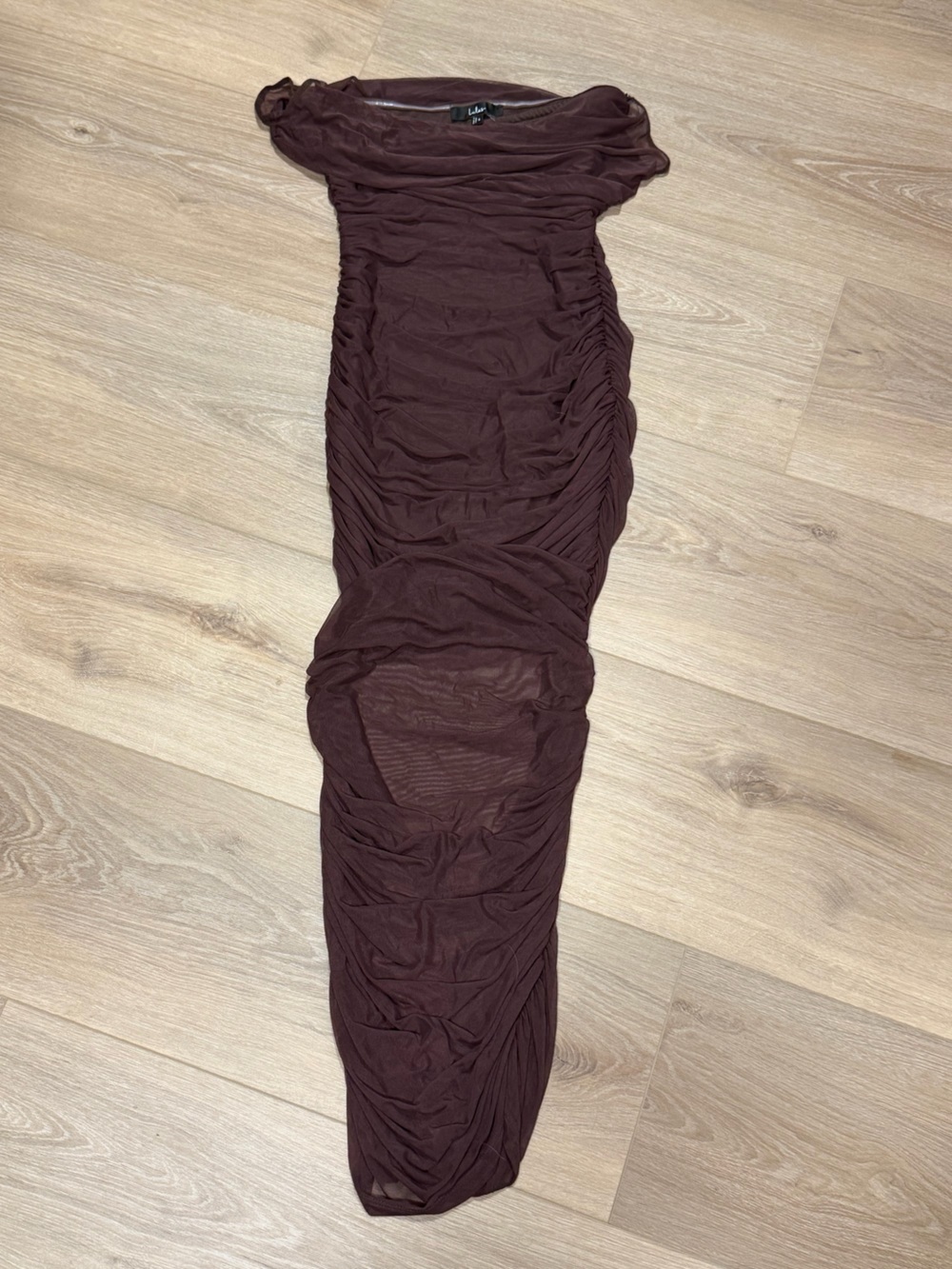 Lulus Sunama Brown Mesh Ruched Bodycon Midi Dress - Size S - Picture 5 of 10